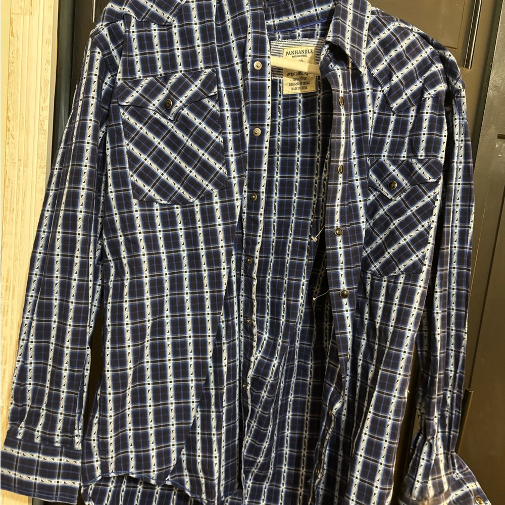 Panhandle Men's Blue Plaid Casual Button Down Shirt